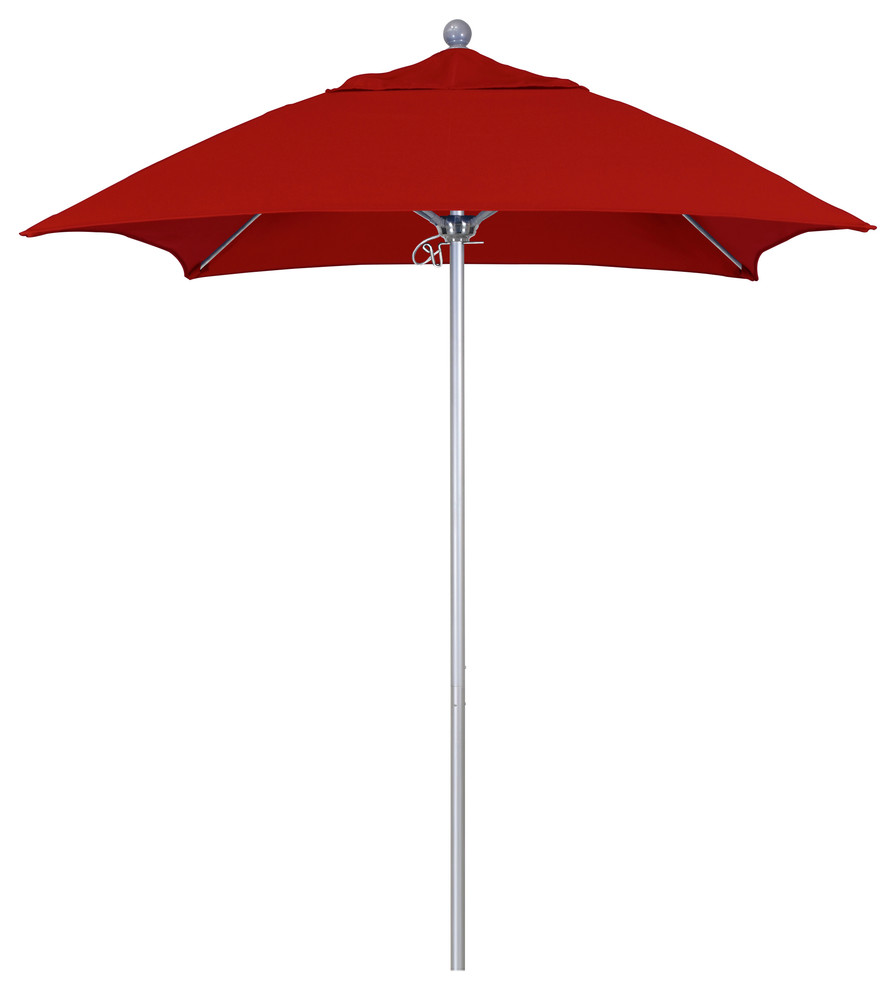 6' Silver Anodized Push Lift Fiberglass Rib Aluminum Umbrella, Sunbrella, Jockey Red