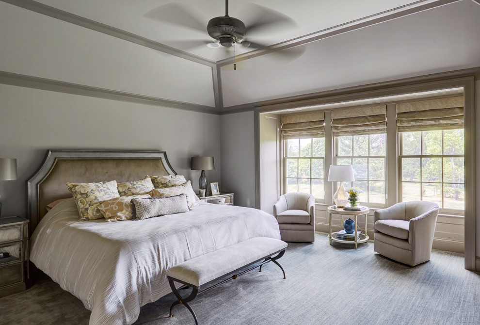 Inspiration for a mid-sized transitional master carpeted and gray floor bedroom remodel with beige walls and no fireplace