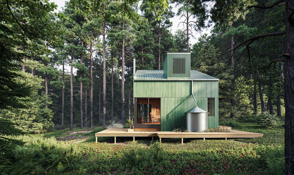 Ispirazione per la facciata di una casa piccola verde scandinava a due piani con rivestimento in legno e copertura in metallo o lamiera