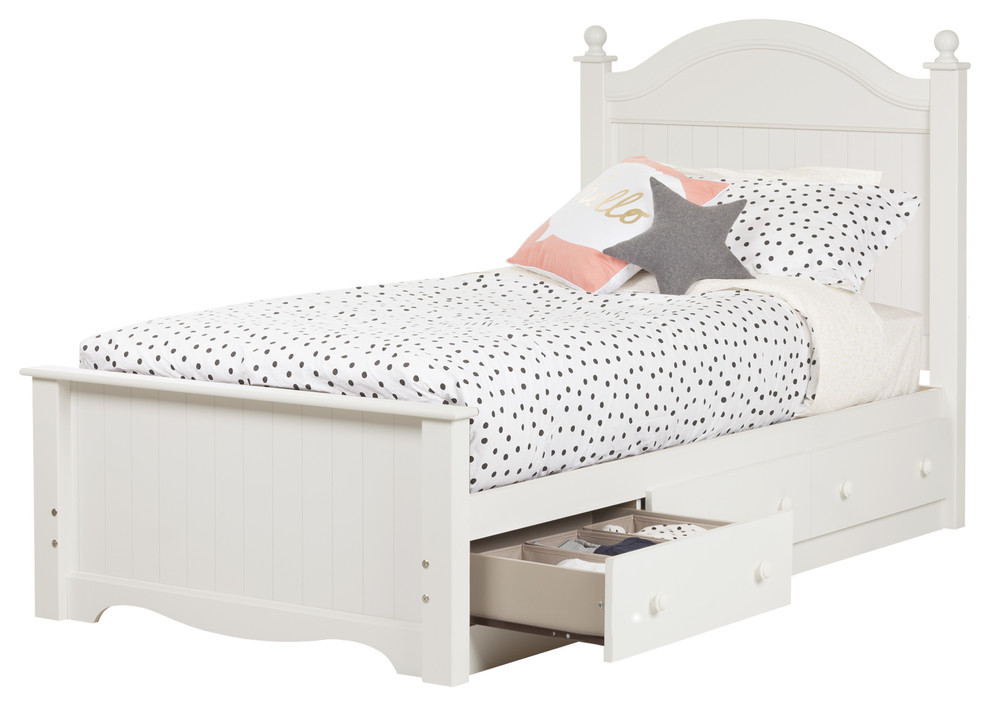 Kids Twin Bed with 3-Drawer in Pure White Finish