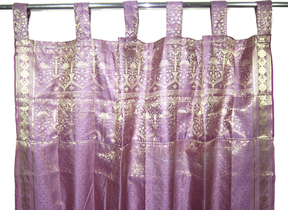 Indie Style Decor- 2 Violet Gold Brocade Indian Sari Curtains Drapes Panels