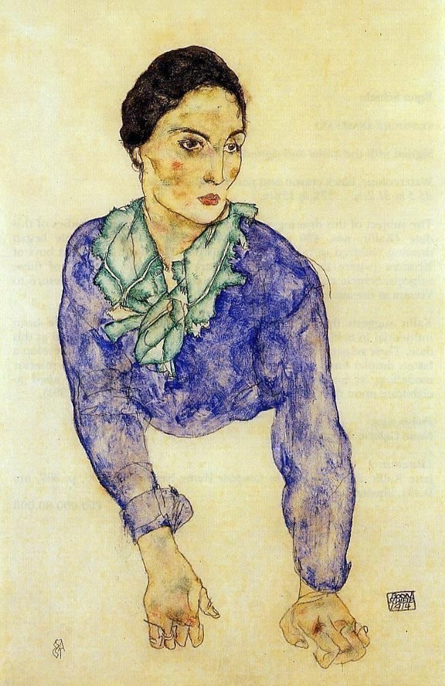 Schiele Portrait of a Woman With Blue and Green Scarf, 16"x24" Print