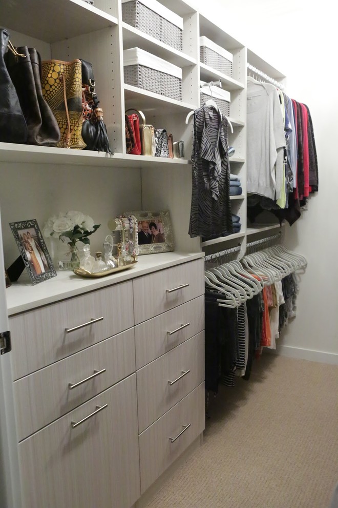 Example of a trendy gender-neutral carpeted and beige floor walk-in closet design with flat-panel cabinets and gray cabinets