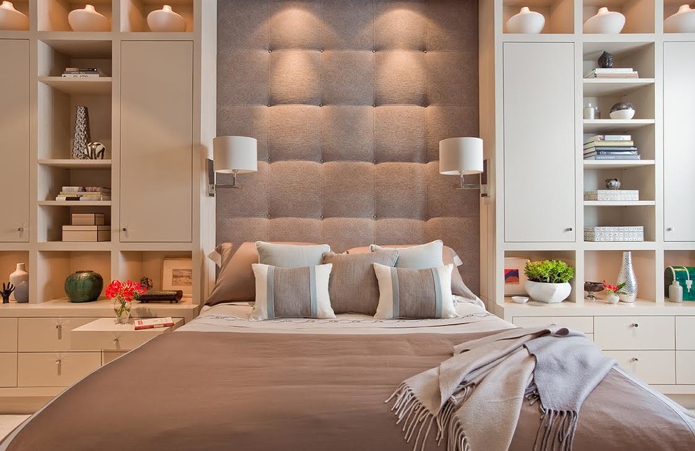 Inspiration for a large contemporary master bedroom in Boston with grey walls, carpet, no fireplace and beige floor.