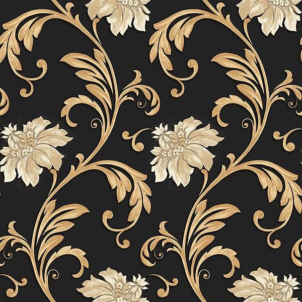 Gold And Black Floral Wallpaper Floral ScRoll Black, Metallic Gold, Cream, JC20066 - Traditional