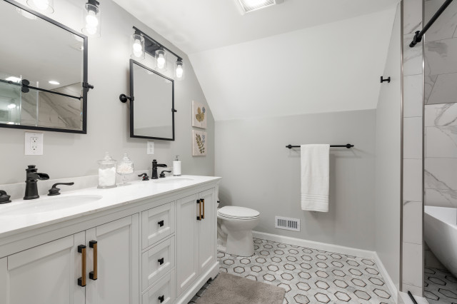 Warm Modernized Cape Cod bathroom