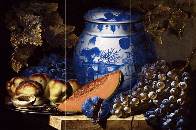 Tile Mural Still Life Fruit Peach Grapes Melon Jug, Ceramic Matte