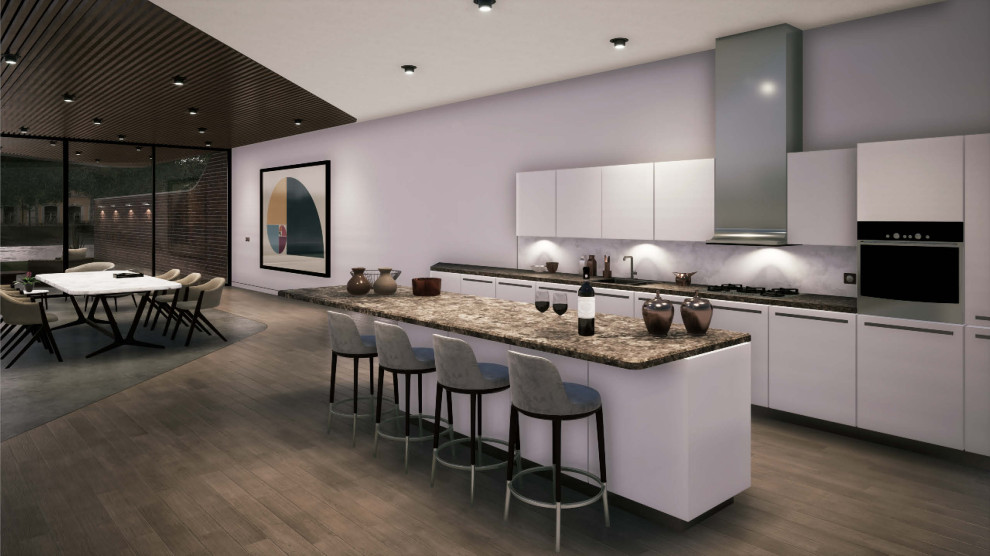Photo of a mid-sized contemporary single-wall eat-in kitchen in London with an integrated sink, flat-panel cabinets, white cabinets, marble benchtops, white splashback, marble splashback, stainless steel appliances, medium hardwood floors, with island, brown floor and brown benchtop.