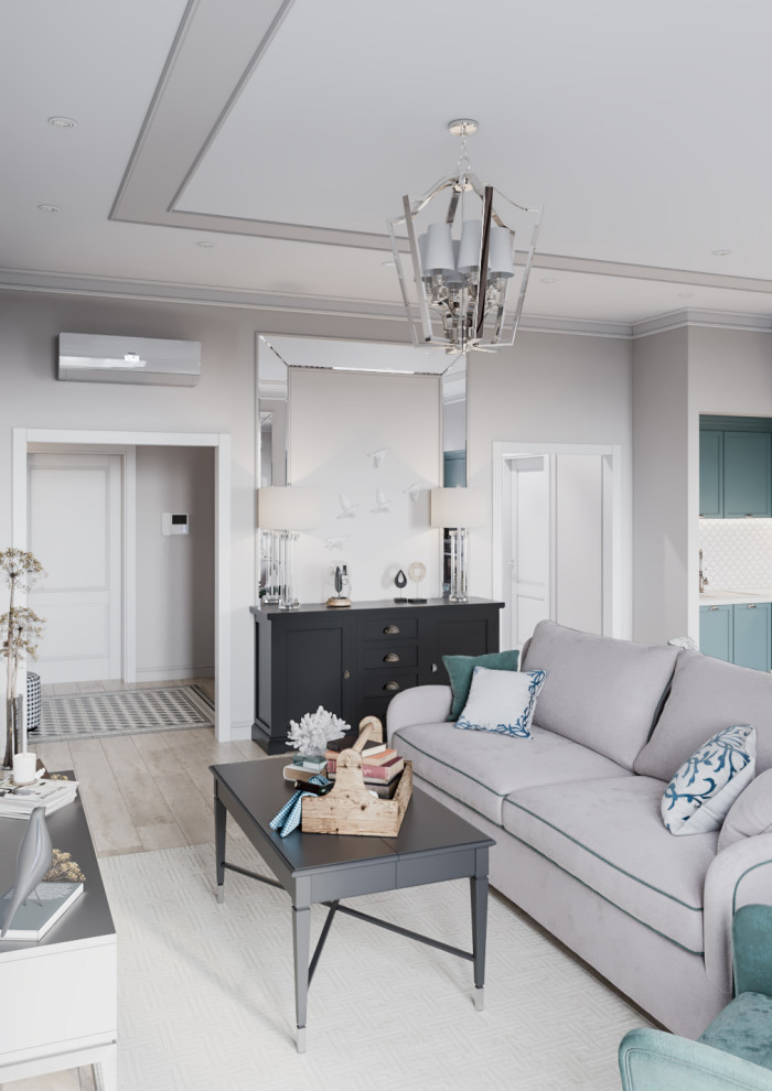 Дизайн интерьера в неоклассике с зелеными акцентами