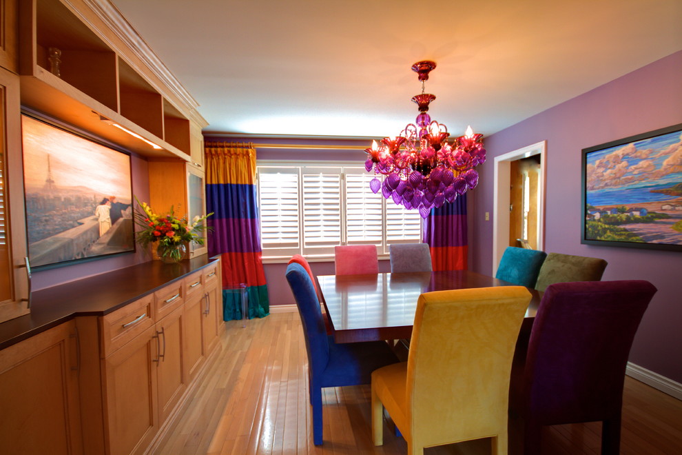 Design ideas for an eclectic dining room in Toronto with purple walls.