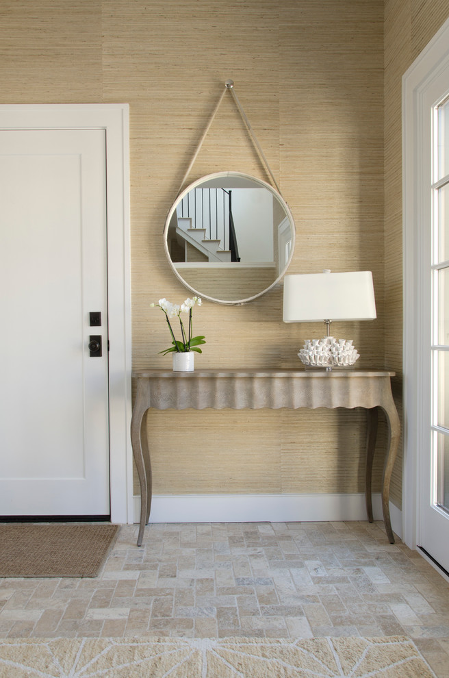 Photo of a transitional entryway in Boston with beige walls, a single front door and a white front door.