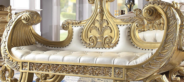 New Victorian Style Metallic Bright Gold Leather Finish Bench