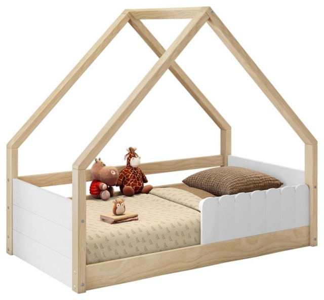 Pemberly Row Toddler Bed Little Fence with Roof White Natural Transitional Toddler Beds