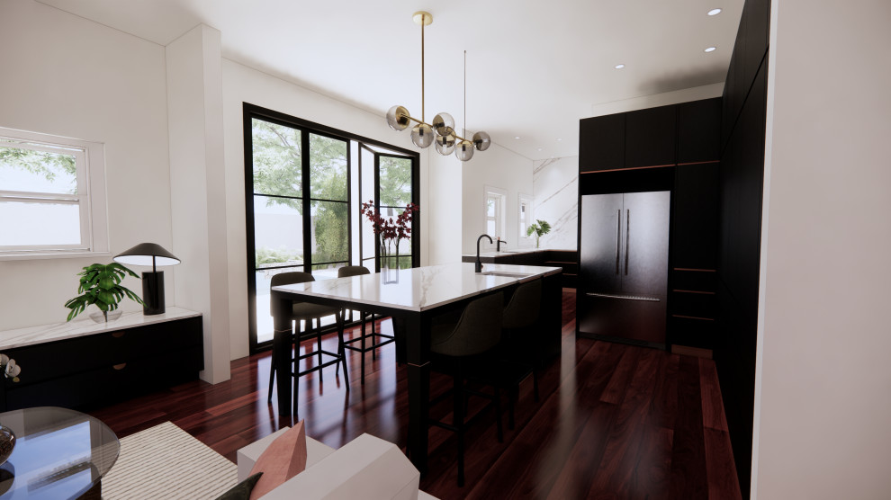 Example of a large minimalist l-shaped dark wood floor, red floor and vaulted ceiling open concept kitchen design in Adelaide with a double-bowl sink, flat-panel cabinets, black cabinets, quartz countertops, white backsplash, quartz backsplash, black appliances, an island and white countertops