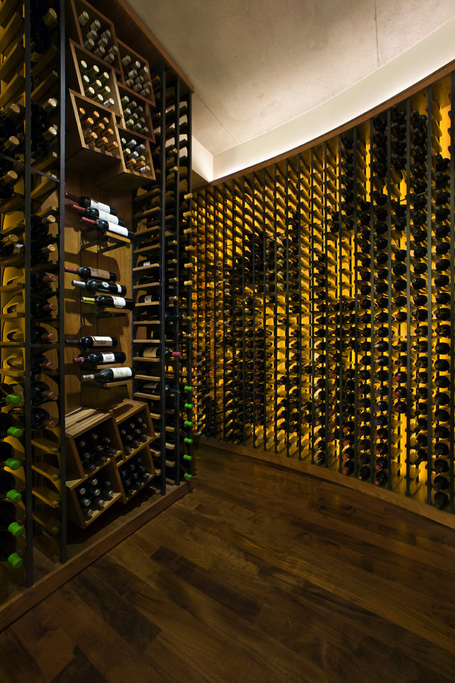 Contemporary wine cellar in Austin with dark hardwood floors and storage racks.