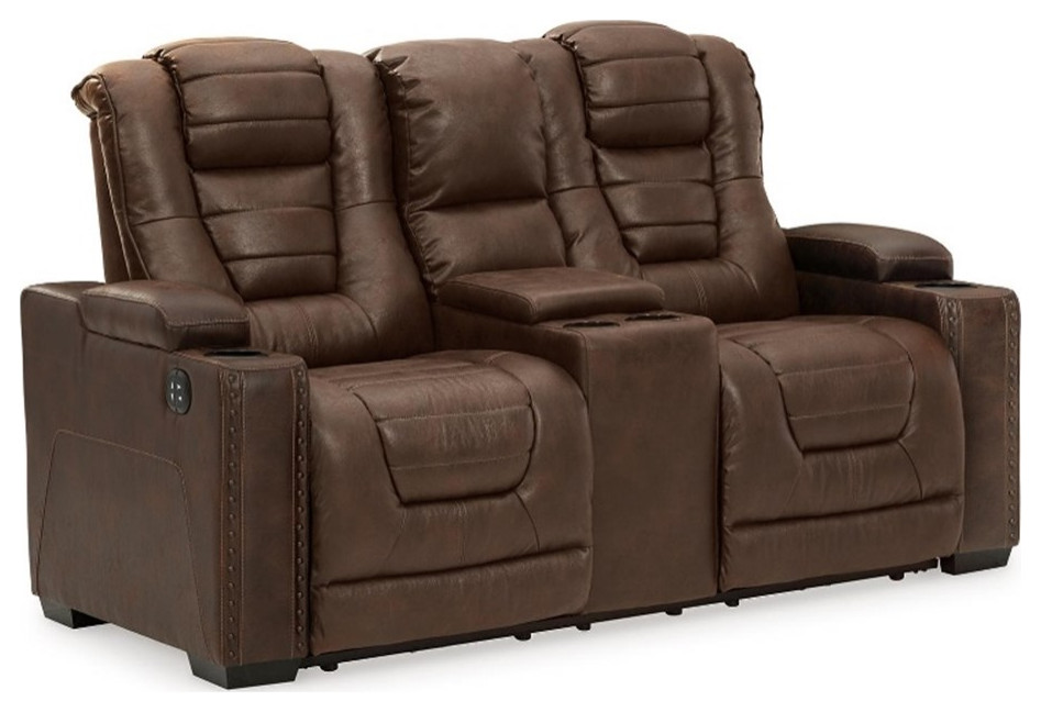 Ashley Furniture Owner's Box Faux Leather Power Reclining Loveseat in Dark Brown