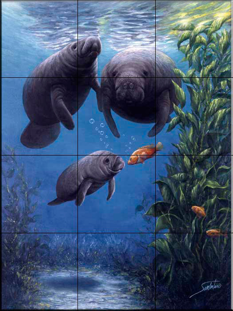 Manatee Tile Tile Mural, Manatee A New Friend by Sambataro, 12.75