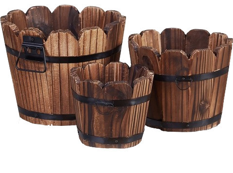 Wooden Planter Vintage Rustic Barrel For Flowers 3 Piece Set Rustic Outdoor Pots And Planters By Decor Love