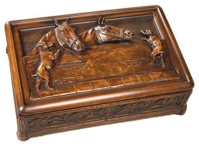 Box EQUESTRIAN Lodge Horse Stable Hinged Lid Chestnut Resin