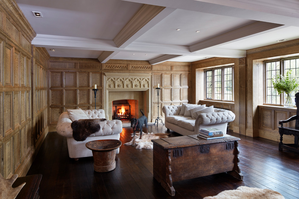 Design ideas for a traditional living room in Oxfordshire with wood walls.