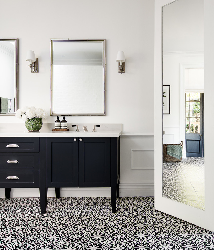 Design ideas for a traditional bathroom in Sydney with shaker cabinets, a freestanding tub, a double shower, a one-piece toilet, white walls and an undermount sink.