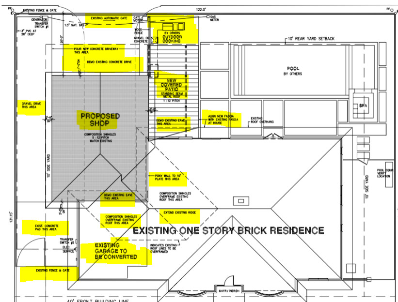Construct a large 1200 SQFT woodworking shop and car garage with 10ft vaulted ceilings attached to existing home.  Construct a 620 SQFT covered patio adjacent and attached to shop.