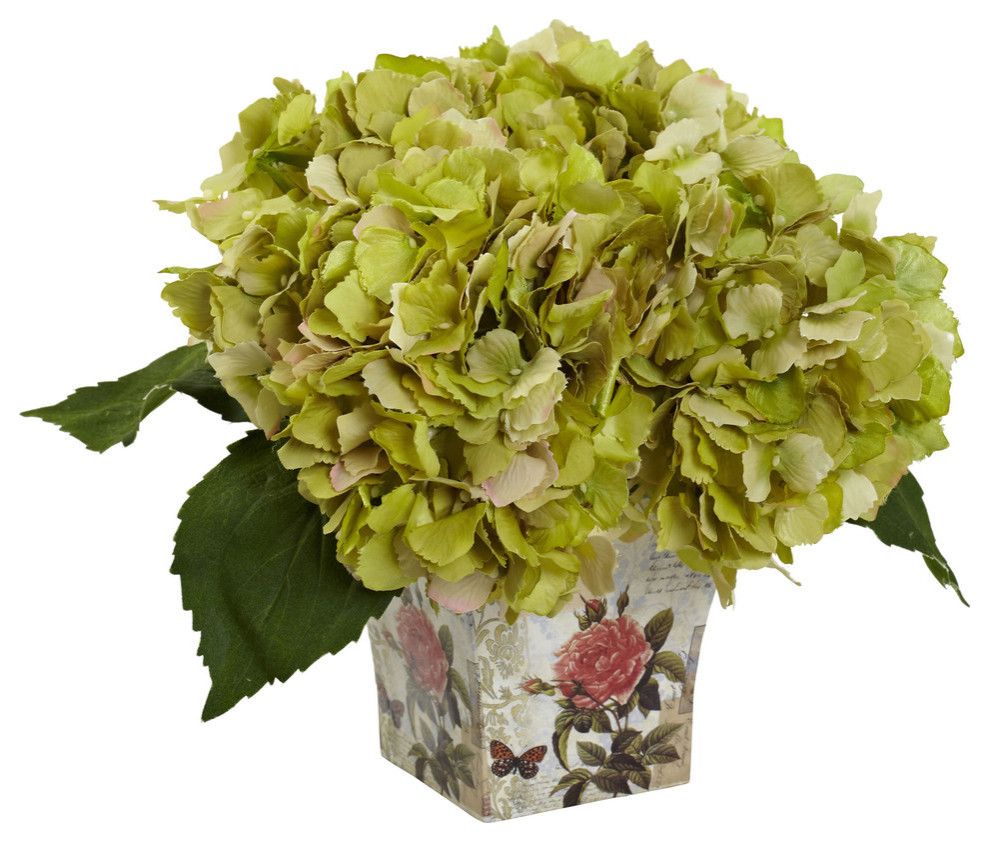 Nearly Natural Hydrangea With Floral Planter, Cream - Artificial Flower ...