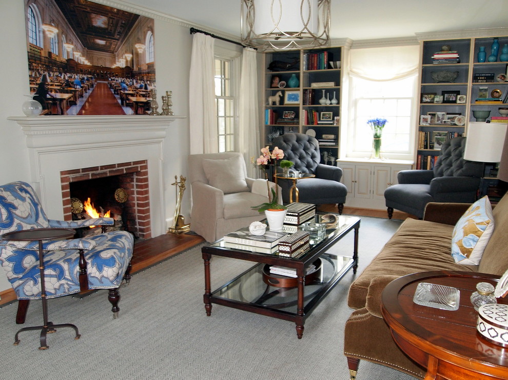 Inspiration for a traditional enclosed living room in Baltimore with a brick fireplace surround.