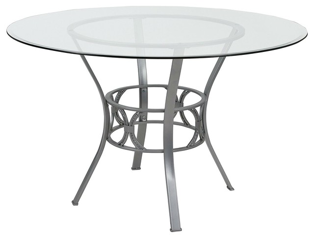 Contemporary 48 Inch Round Clear Glass Dining Table With Silver Metal Frame