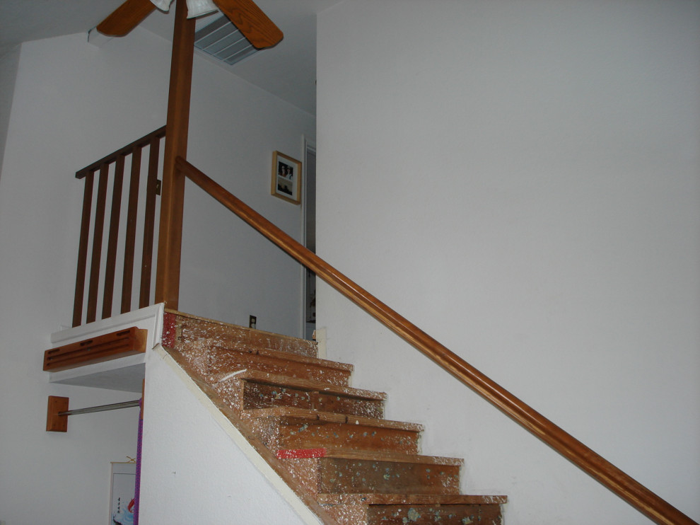 Custom Wood Stair Railing and Wood Flooring on Stairway and Hall