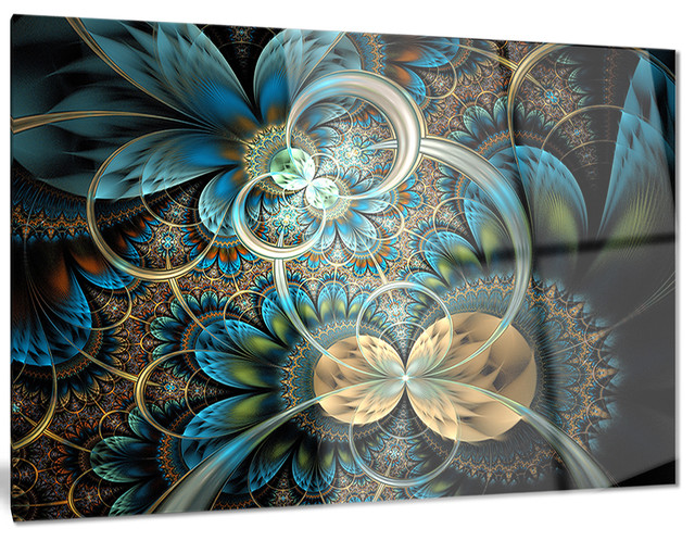 "Symmetrical Blue Gold Fractal Flower" Digital Metal Wall Art, 28"x12"