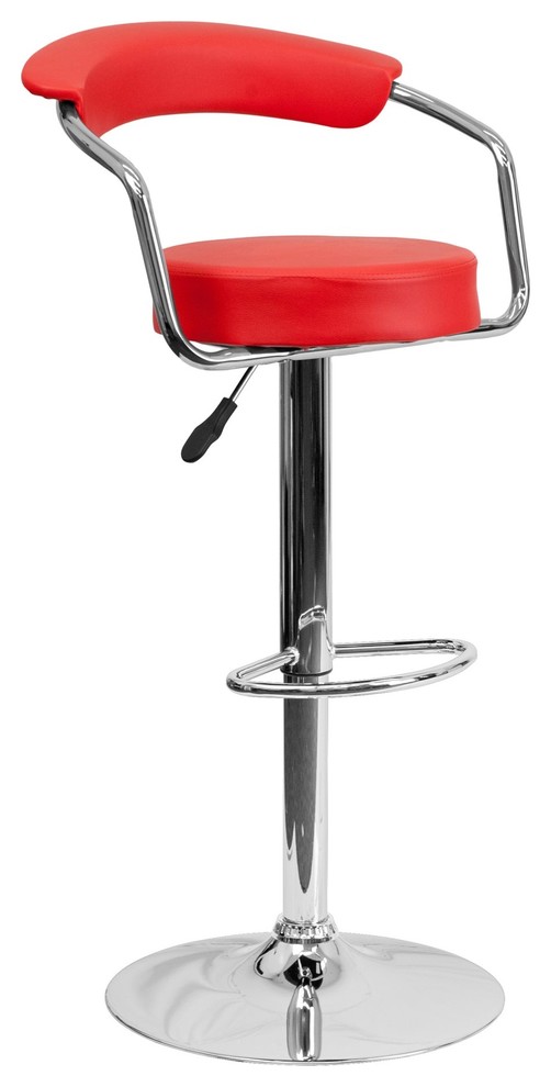 Contemporary Red Vinyl Adjustable Barstool With Arms and Chrome Base