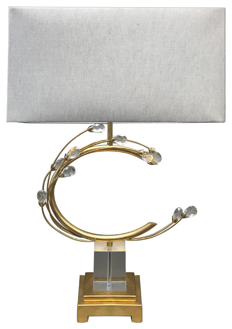 Gold Leaf Frame Table Lamp With Clear Crystal Base and Crystal Accents