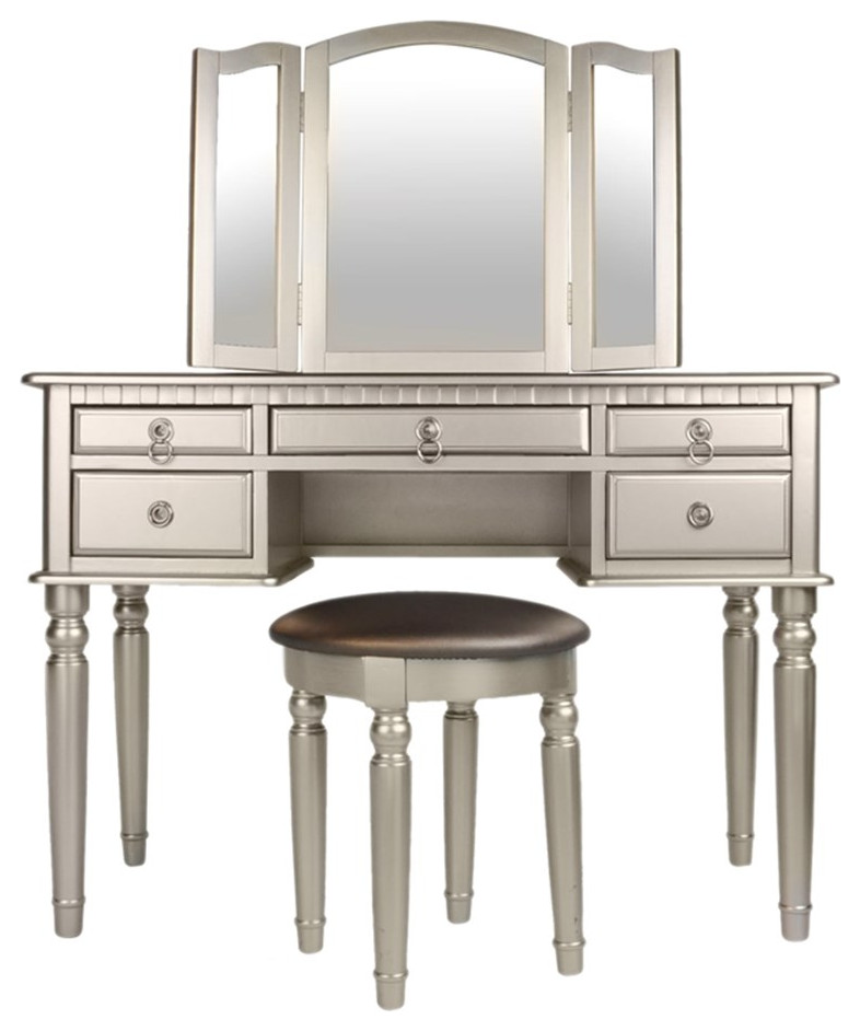 Poundex Furniture Wood Vanity Set with Mirror and Stool Silver Color