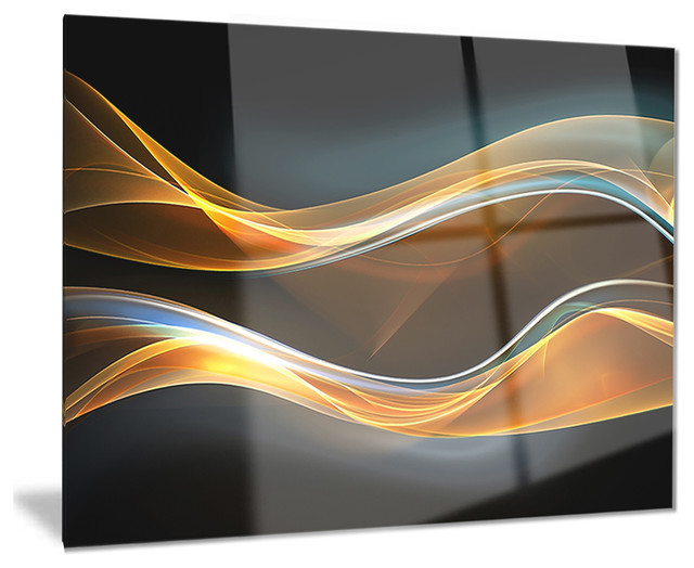 "3D Gold Waves in Black" Glossy Metal Wall Art, 28"x12" Contemporary