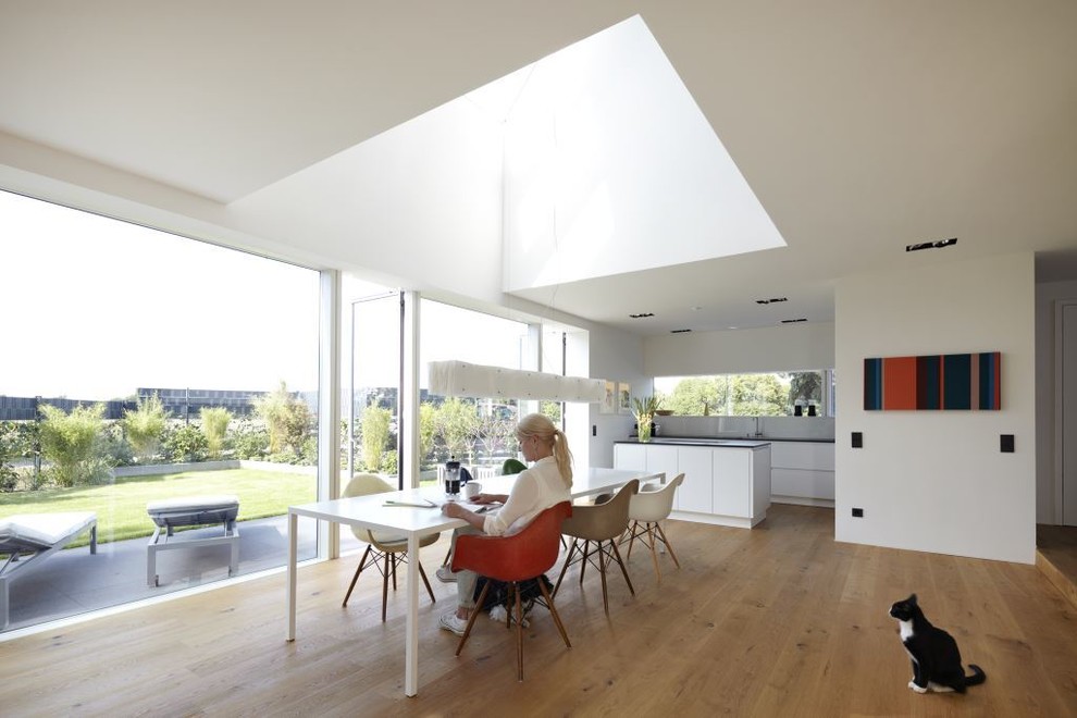 This is an example of a large contemporary open plan dining in Cologne with white walls and medium hardwood floors.