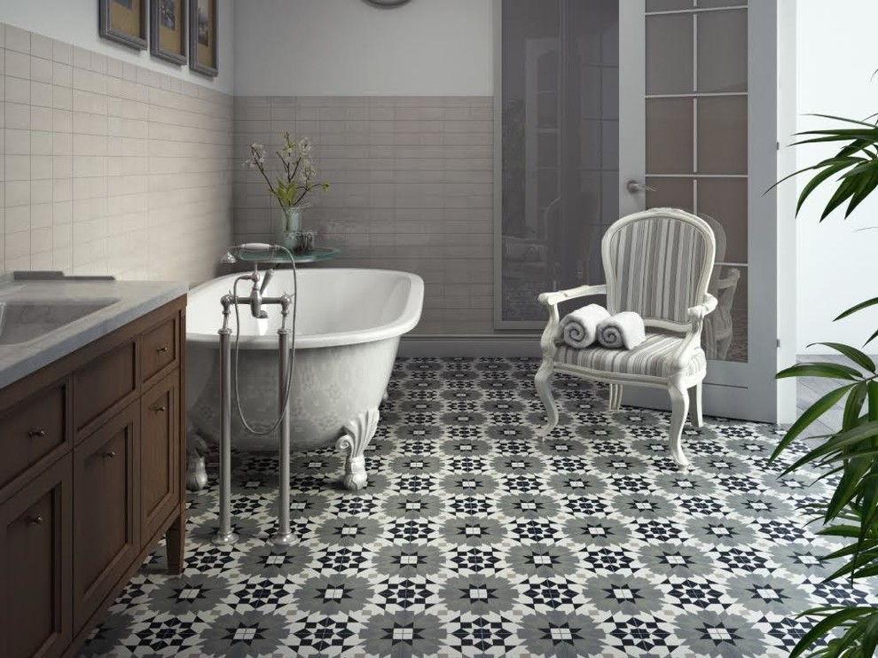 Design ideas for a large traditional master bathroom in Atlanta with recessed-panel cabinets, dark wood cabinets, a claw-foot tub, beige tile, cement tile, white walls, vinyl floors, an integrated sink, marble benchtops, multi-coloured floor and grey benchtops.
