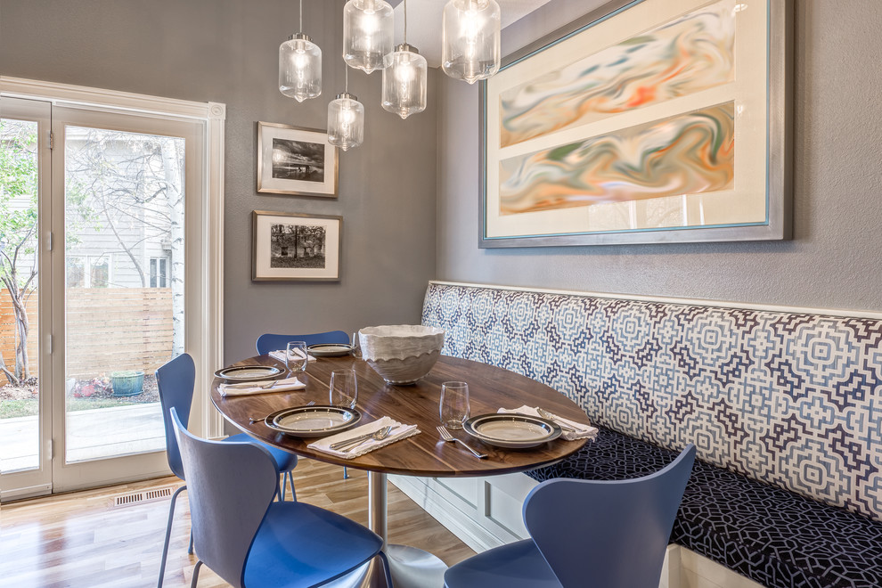 Kitchen/dining room combo - large transitional u-shaped light wood floor kitchen/dining room combo idea in Denver with a farmhouse sink, recessed-panel cabinets, gray cabinets, quartzite countertops, blue backsplash, ceramic backsplash, stainless steel appliances and an island