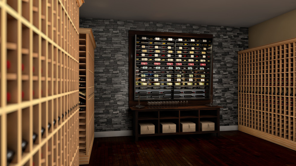 This is an example of a small contemporary wine cellar in San Francisco with dark hardwood floors and display racks.