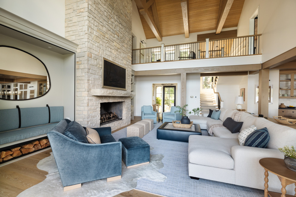 Payette Lake Home - Living Room with balcony above.