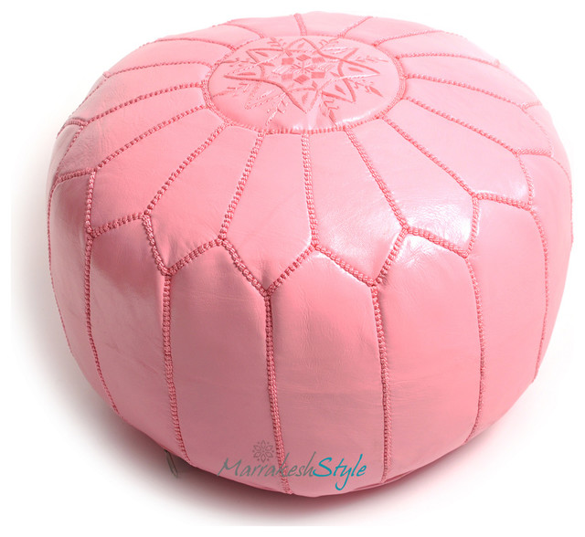 Moroccan Pouf, Pink Leather Pouf, Round Ottoman Foot Stool Pouffe Traditional Floor Pillows