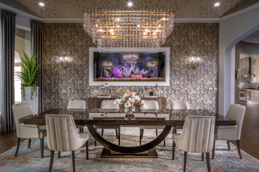 Large mediterranean enclosed dining room in Houston with grey walls, brown floors, a wallpapered ceiling, wallpapered walls and dark hardwood flooring.