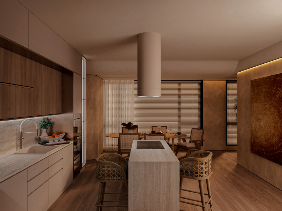 кухня-гостиная в тёплом стиле. Скандинавский стиль, "Джапанди"