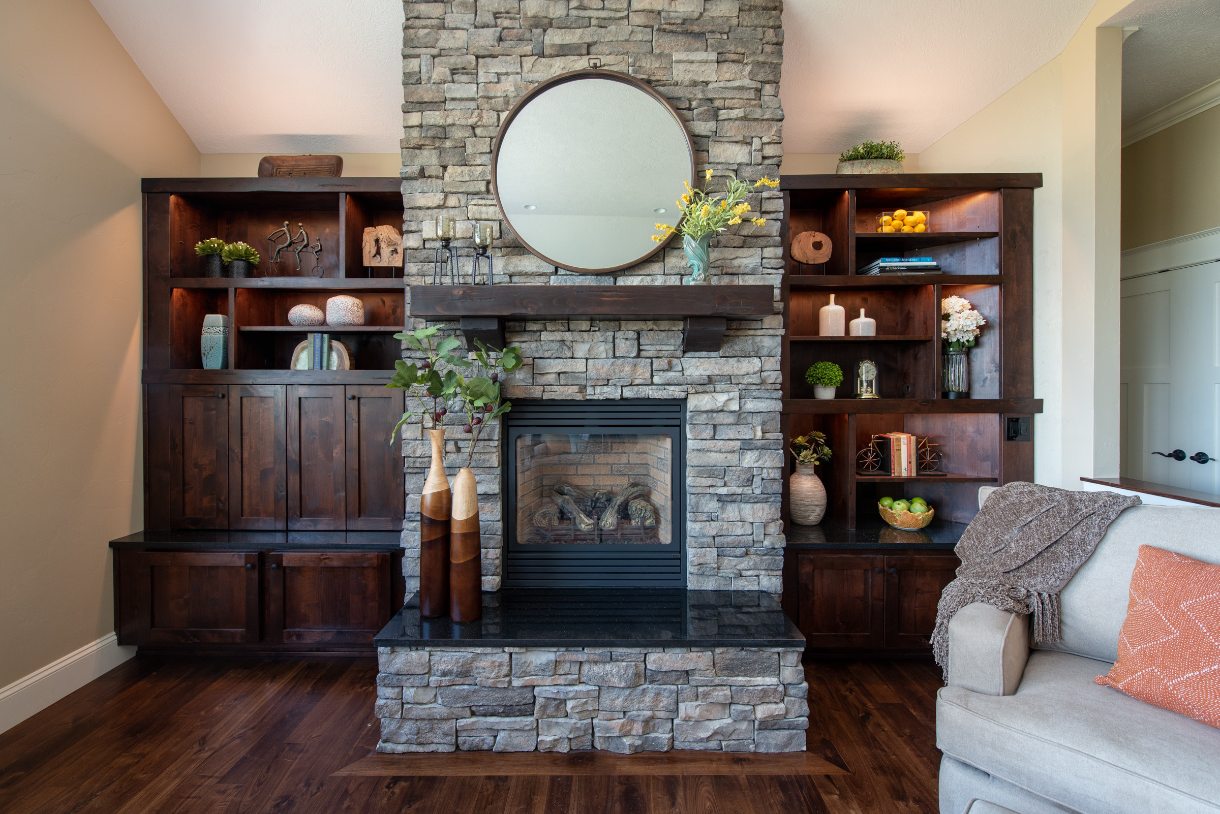 Custom Woodwork, Cabinets with Granite Countertops and Fireplace Hearth