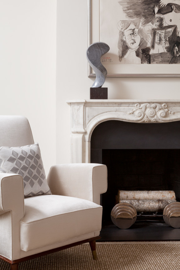 Brooklyn Townhouse - Example of a large transitional open concept dark wood floor living room design in New York with a stone fireplace, white walls, no tv and a standard fireplace