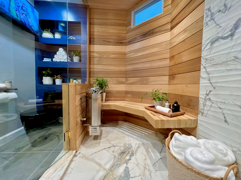 Design ideas for a mid-sized eclectic wet room bathroom in Atlanta with furniture-like cabinets, grey cabinets, a two-piece toilet, black and white tile, porcelain tile, blue walls, porcelain floors, with a sauna, a vessel sink, wood benchtops, grey floor, a hinged shower door, brown benchtops, a shower seat, a single vanity, a freestanding vanity, wood and wood walls.