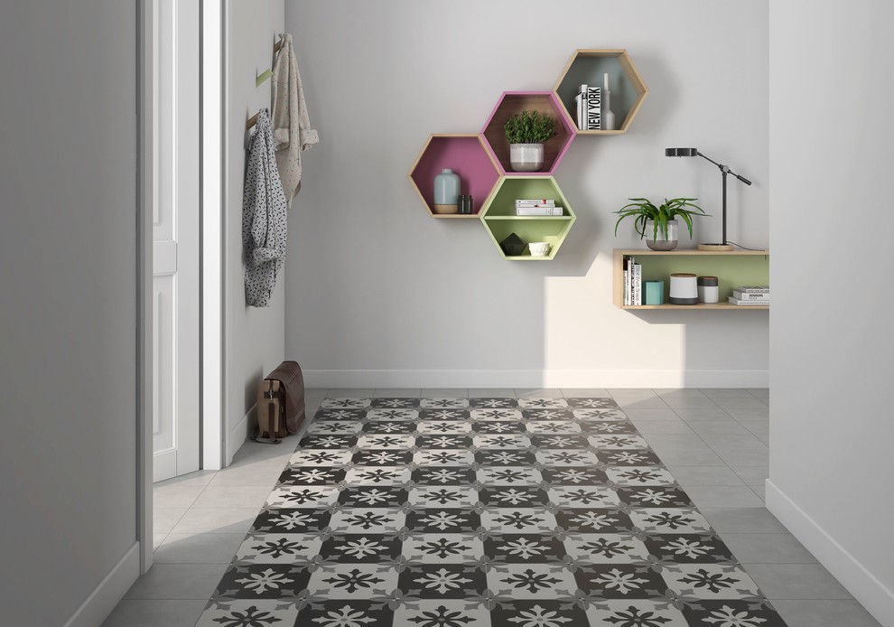 Design ideas for a traditional hallway in Other with porcelain floors and multi-coloured floor.