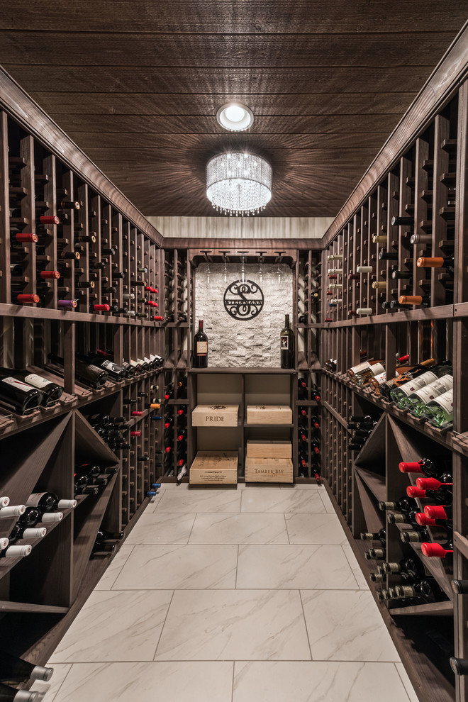 This is an example of a country wine cellar in Salt Lake City with storage racks and white floor.