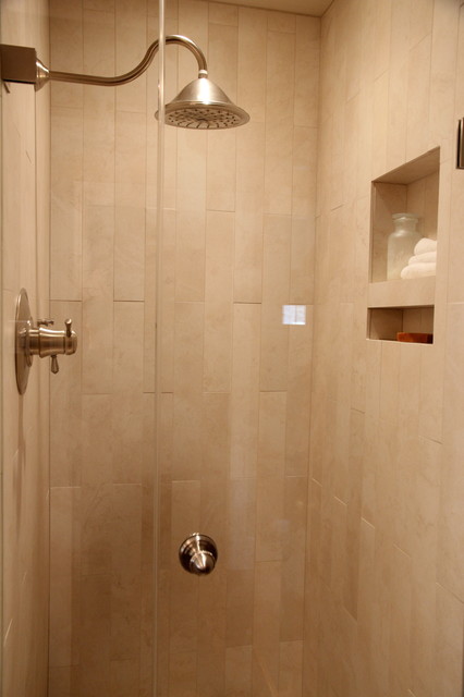  Shower  stall with rain shower  head and niche for storing 
