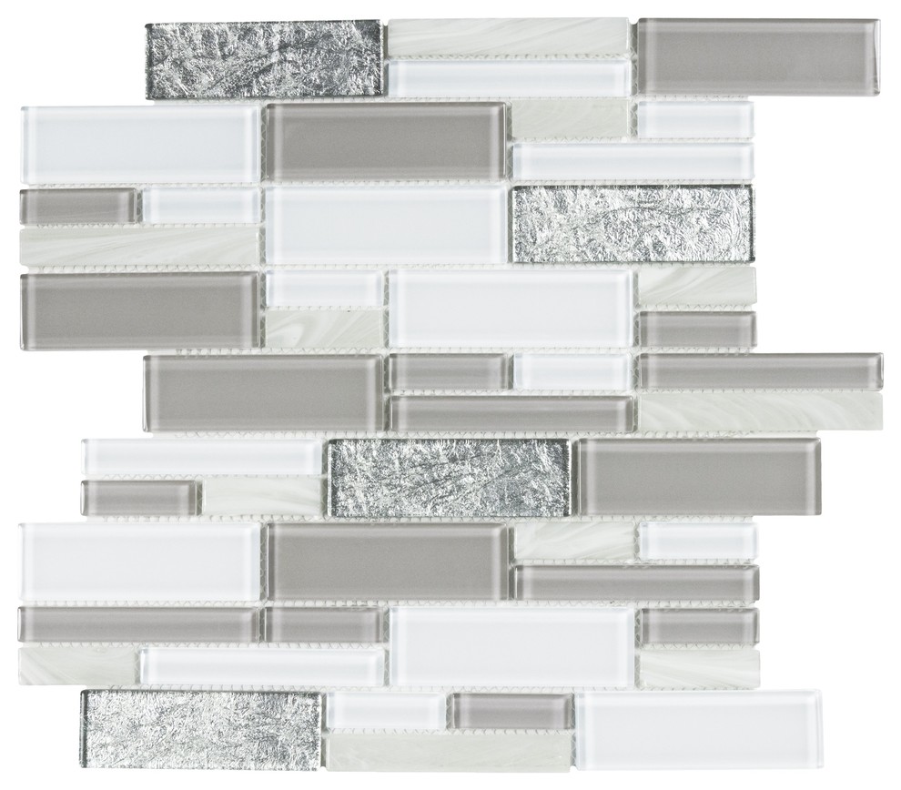 MTO0218 Modern Linear Gray White Glossy Foil Pearlized Glass Mosaic Tile